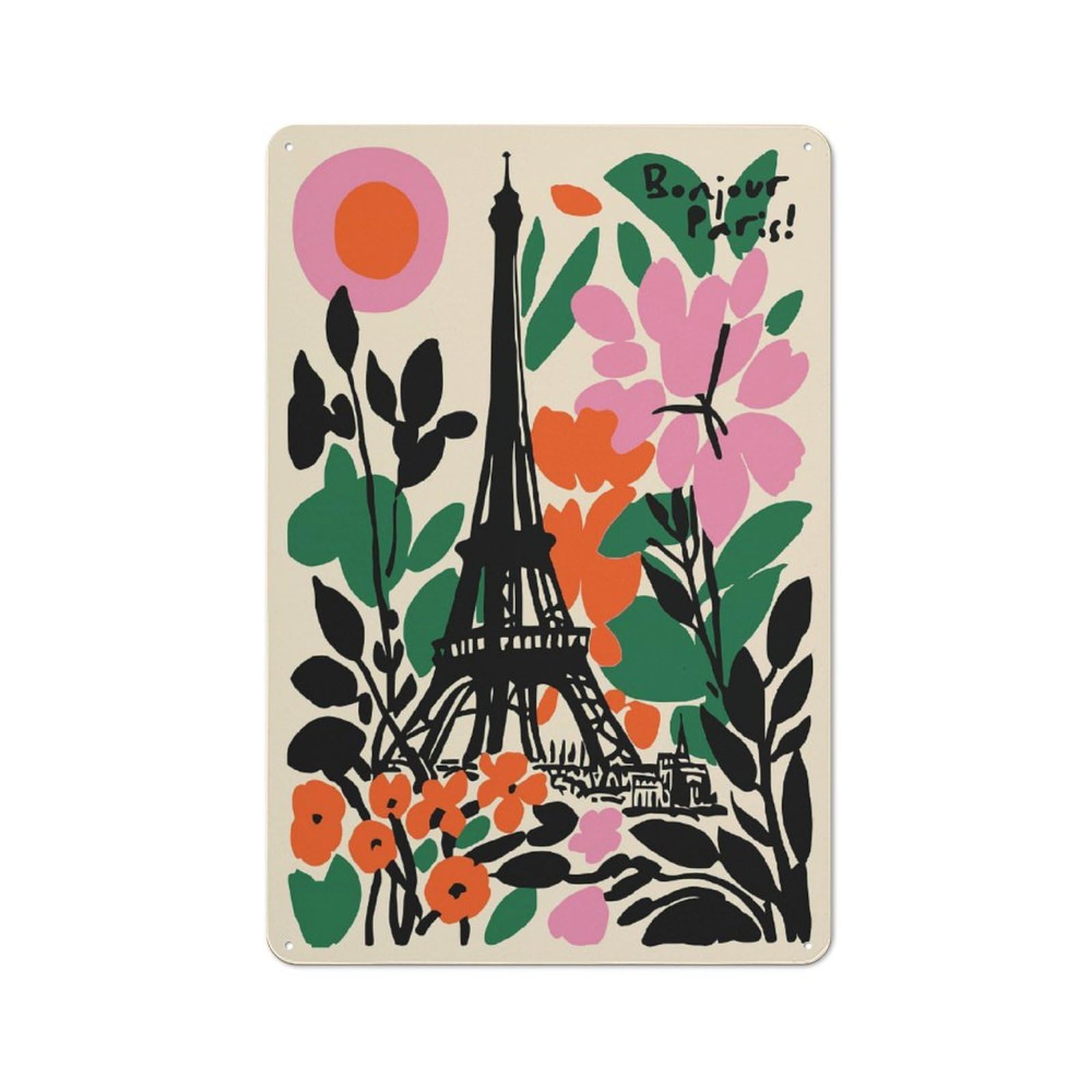 Vintage Bonjour Paris Eiffel Tower Floral Art Metal Plaque 30x20cm, Kitchen Wall Decor for Restaurant, Kitchen, Counter Or Breakfast Nook