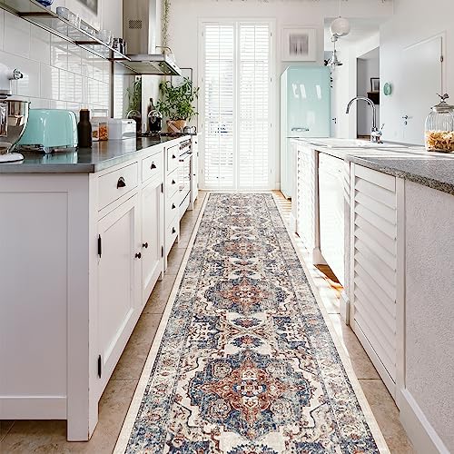 Hallway Washable Runner Rug - 2'6x14 Kitchen Rugs Entryway Rug Runner Vintage Soft Floor Mat Non Slip Indoor Farmhouse Carpet for Bathroom Living Room Bedroom (2'6''x14', Brick)