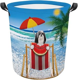 MALIHONG Watermelon Beach Dog Large Round Laundry Basket with Handles Lhasa Apso Funny Dog Print Collapsible Toy Box Clothes Washing Laundry Hamper Storage Bin for Bedroom Nursery