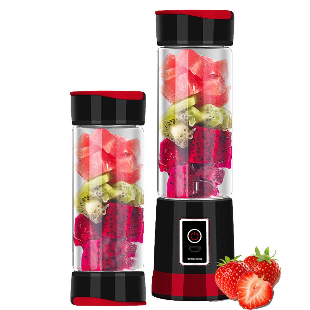 Przenośny blender USB do ładowania, blender smoothie z trwałym szkłem i 2 pokrywkami, mini blender do soków owocowych i koktajli mlecznych, 500 ml/sześć ostrzy 3D, czerwony