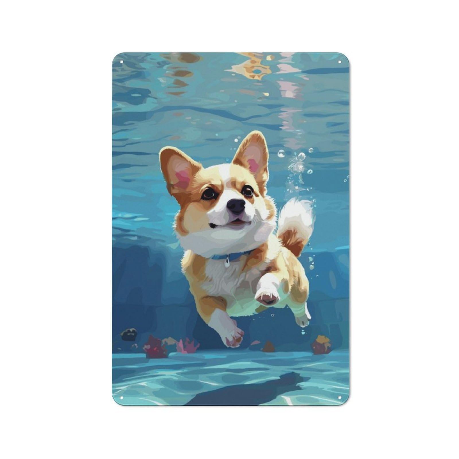 Junmoney Corgi Dog Swimming Decorative Tin Sign With Design 30X20cm, Farmhouse Cottage Wall Art For Farmhouse Kitchen, Pantry Or Dining Area
