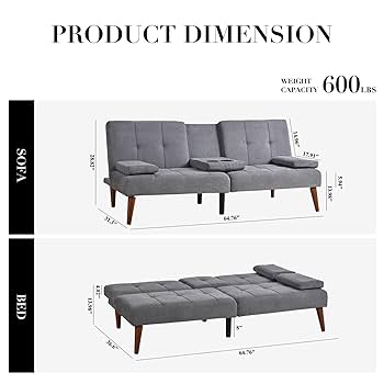 COLAMY Fabric Futon Sofa Bed - Convertible Small Couch With Adjustable Backrest & 2 Cup Holders