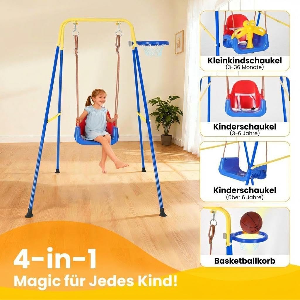 4-in-1 Kinderschaukel Babyschaukel mit Basketballkorb, zusammenklappbar, sicherer Metallrahmen Schaukelgestell, Sicherheitsgurt, Indoor & Outdoor, ab 6 Monaten