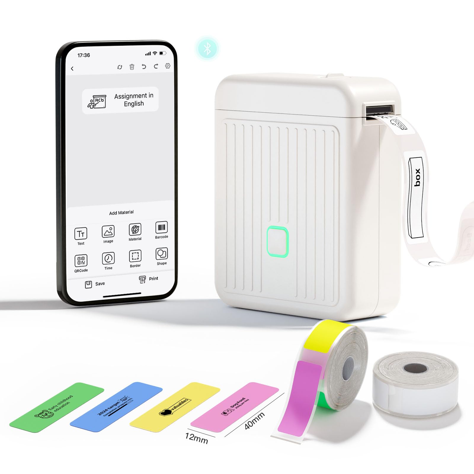 Imprimante d'étiquettes avec étiquettes autocollantes étanches (12 x 40 mm), appareil d'étiquetage Bluetooth, imprimante d'étiquettes portable, 2000 mAh, compatible avec iOS et Android, pour la maison