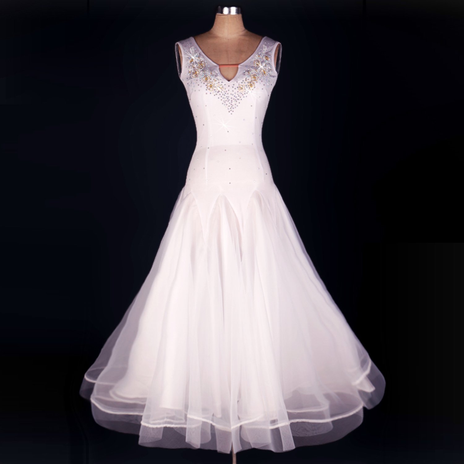 Yc bene donne danza moderna standard da ballo concorrenza abiti danza strass, collo a V bianco costumi espansione gonna per donne Tango Valzer abiti White Medium