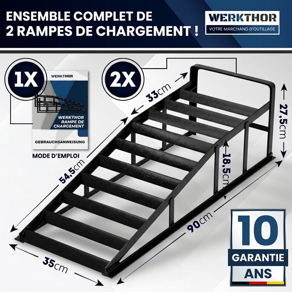 WERKTHOR [Lot de 2 Noir] Rampes d'Accès Métal Voiture, Rampe Voiture Levage Adhérence Maximale, Pont Mobile Voiture, Rampe Voiture Vidange Résistante Toutes Surfaces