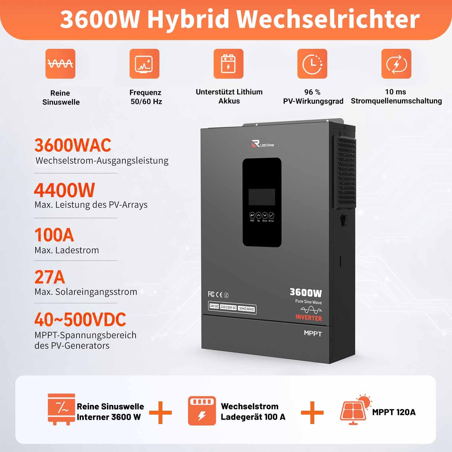 Hybrid Wechselrichter 3600W, Solar Wechselrichter 24V auf 230V mit 96% PV-Wirkungsgrad und Integriertem 120A MPPT Für Lithium/Blei-Batterien mit Unterstützung Batterielosen und Netz/PV-Aktivierung