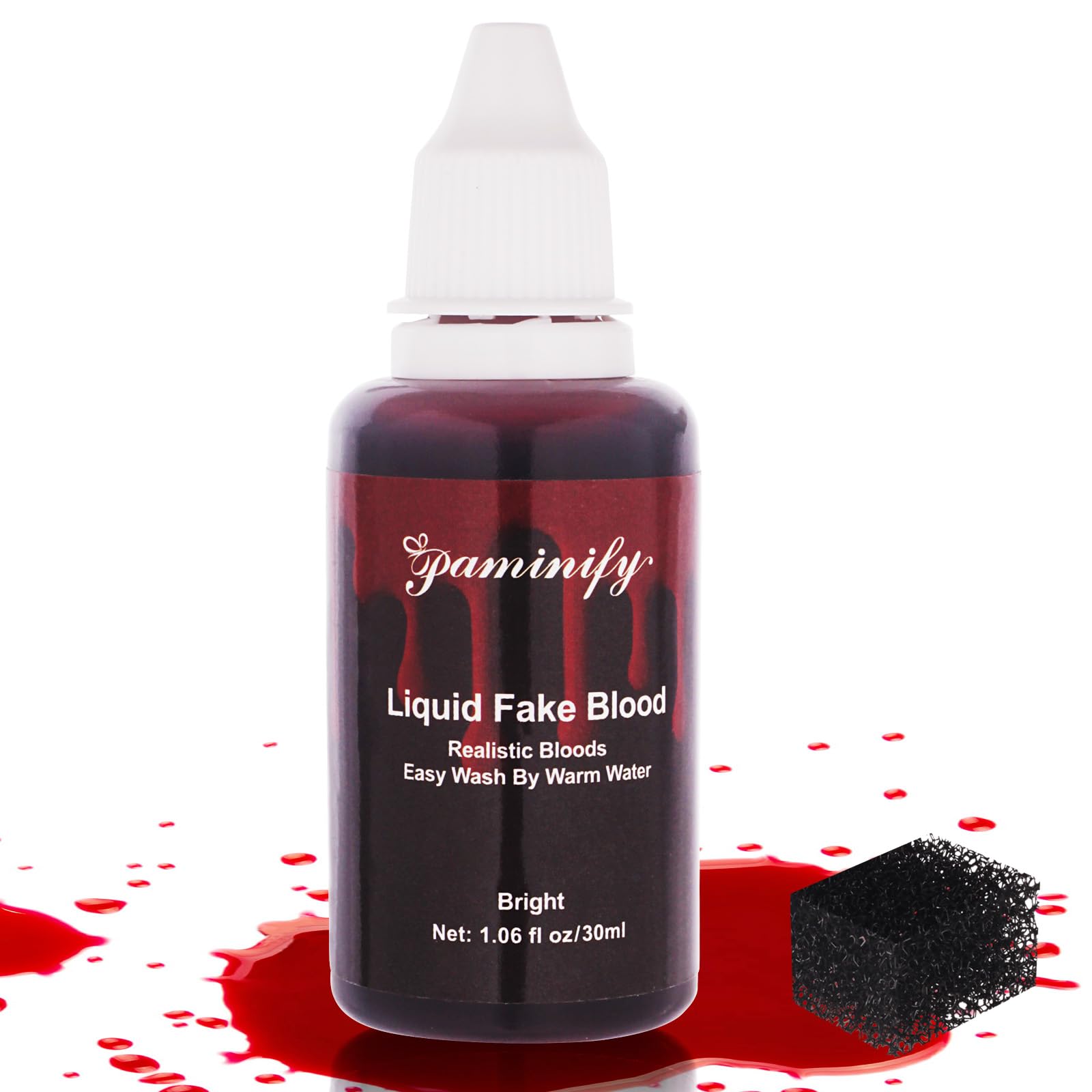 Halloween Fake Blood Washable with Stipple Sponge,1.06 Oz Edible Stage Blood Liquid for Face SFX Makeup,Body Paint Cospaly Dripping Fake Blood,Special Effect for Zombie Vampire,Bright fake blood bright with stipple sponge