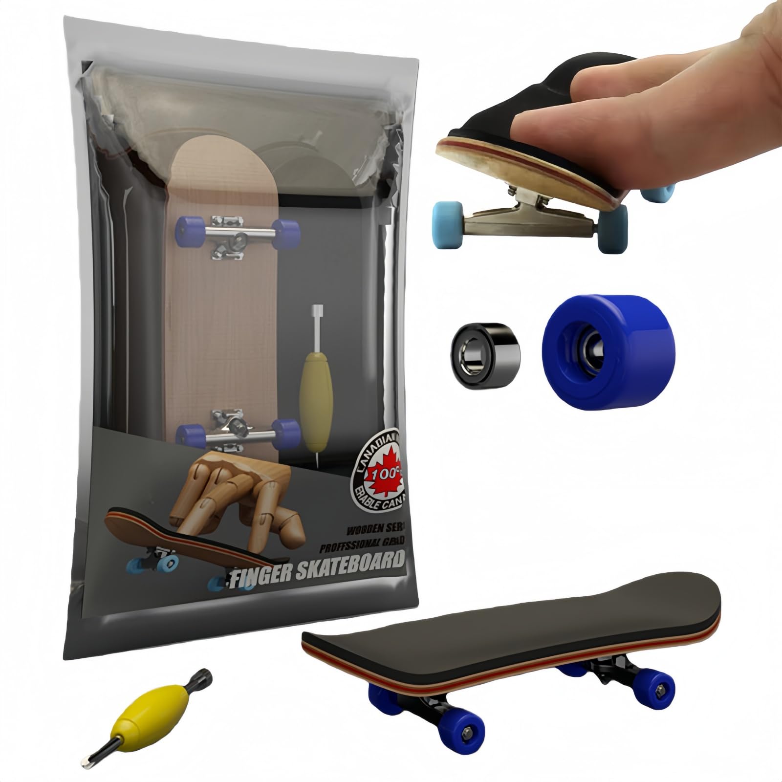 Professional Fingerboard Skateboard,5-Layer Maple Wood Fingerboard,Mini Finger Skateboard for Boys,Girls,Adults,Stress Relief Toy,Finger Scooter,Fingerboard & Perfect Skateboard Gift,Dark Blue Wheels