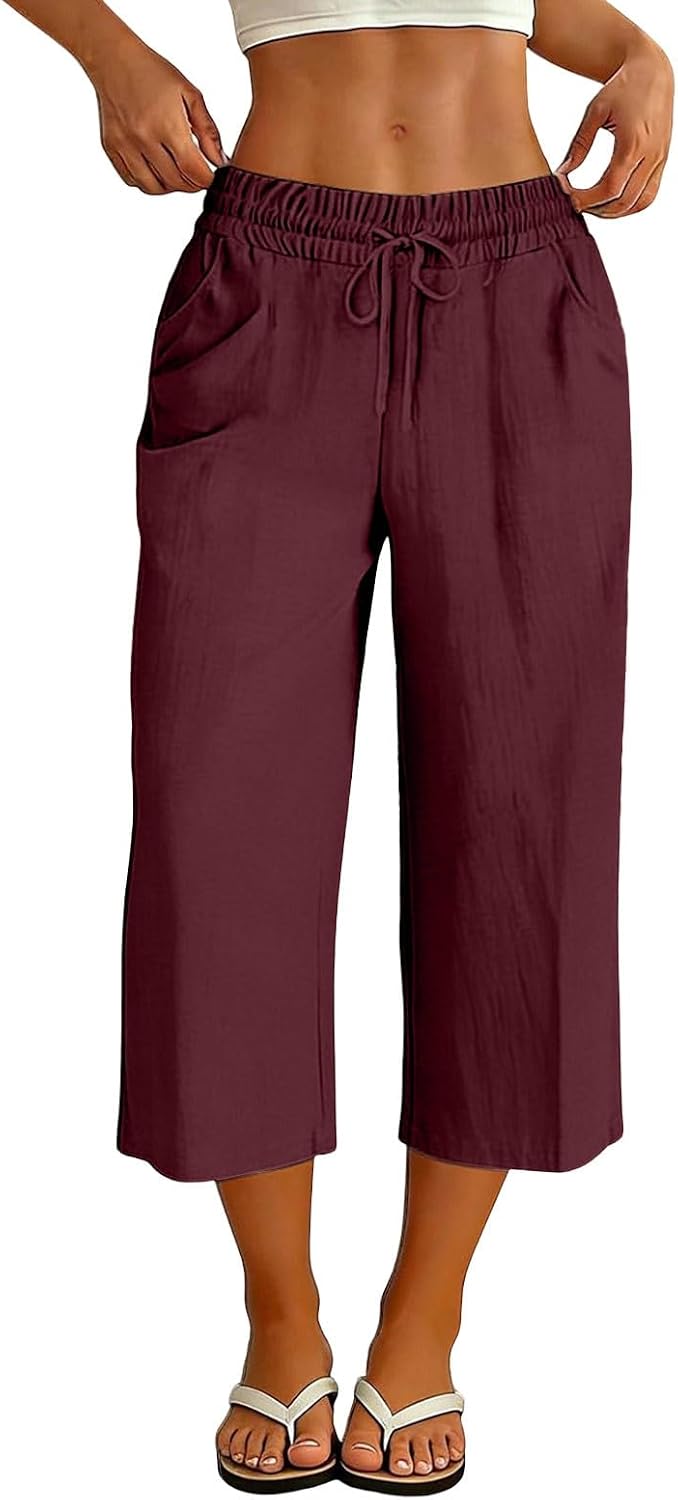 Womens Summer Crop Pants Lightweight Casual Beach Capris Drawstring Wide Leg High Waist Cropped Trousers with Pockets