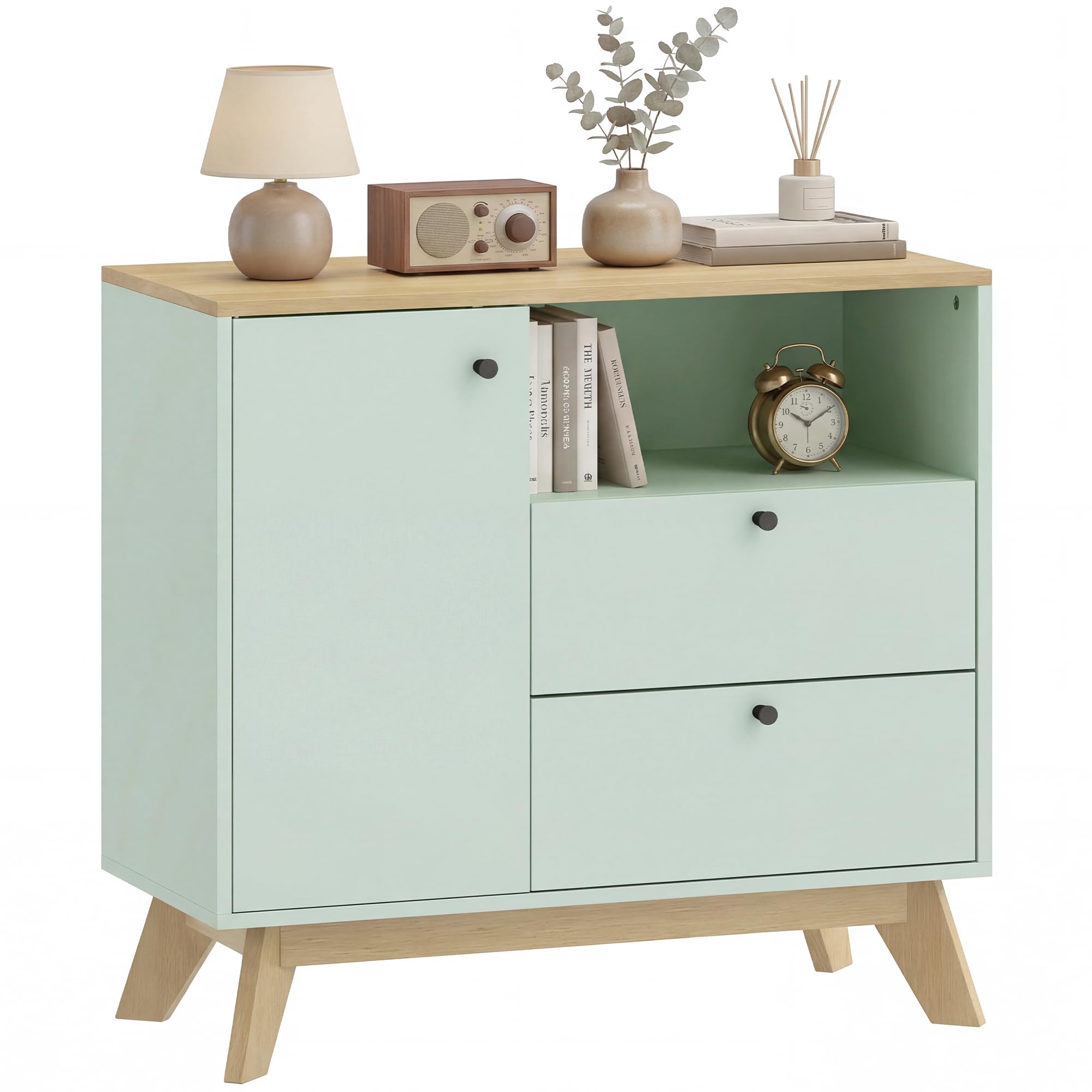 HOMCOM Sideboard Storage Cabinet, 80 cm Modern Buffet Cabinet with Door, 2 Drawers, Open Compartment and Adjustable Shelf for Living Room, Dining Room, Kitchen, Light Green and Oak
