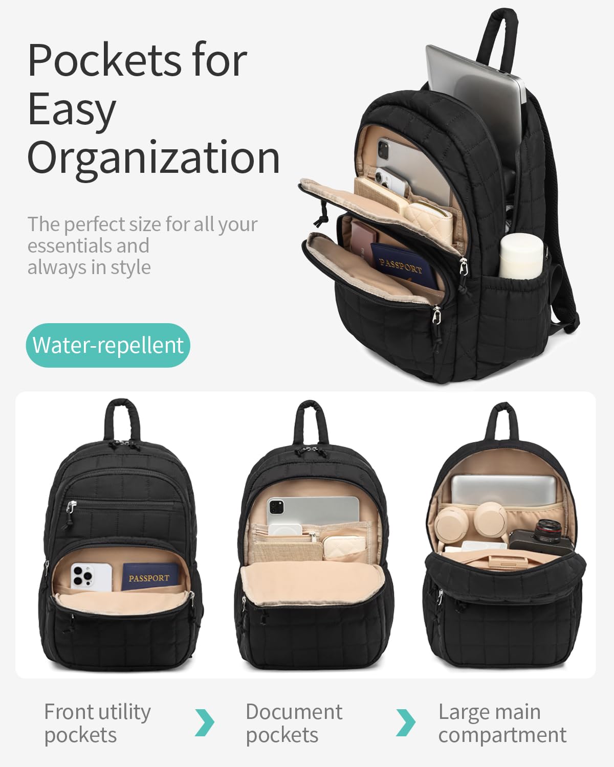 Bookbag for Women, Teen Girls Backpack for High School College Student, Puffer Quilted Back Pack Cute Laptop Backpack for Work Travel Mom Casual Daypack, Black