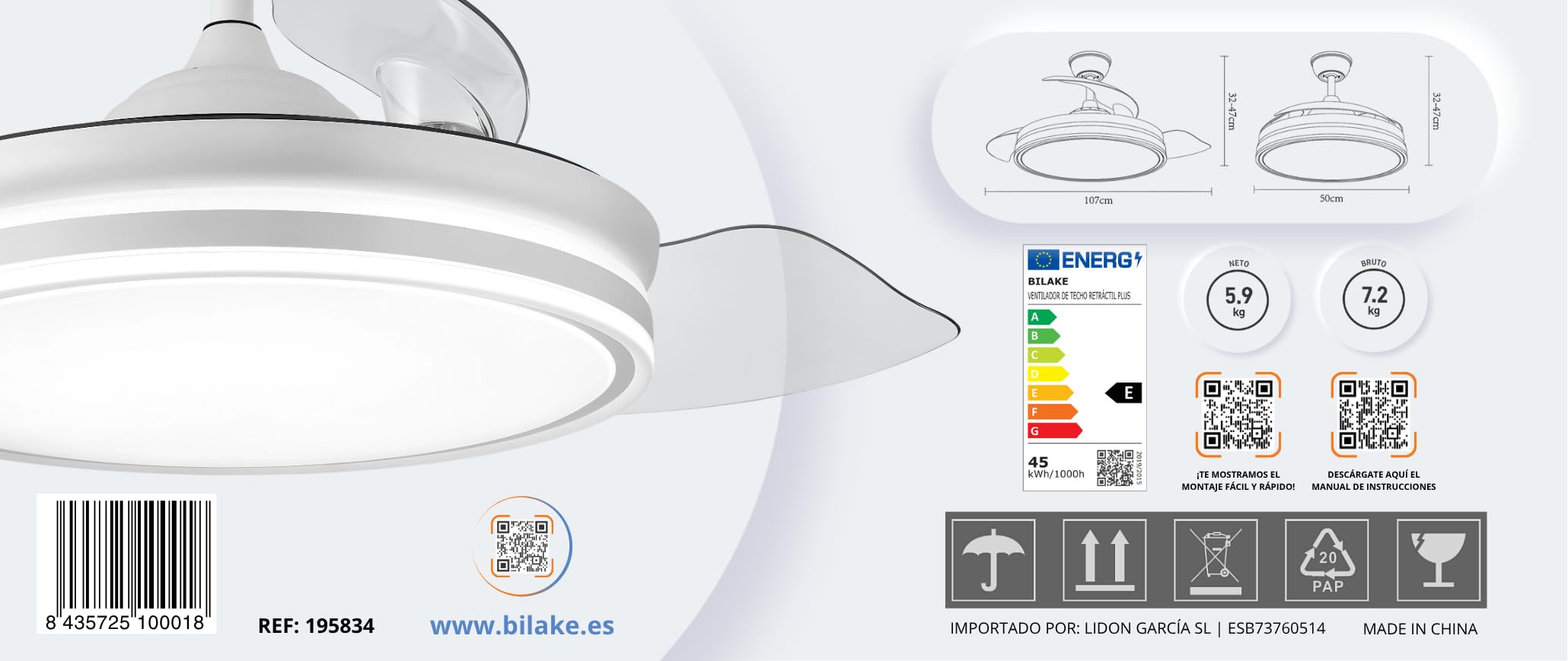 Bilake Ventilador de Techo con Aspas Retráctiles y Luz LED. Motor DC Ultra Silencioso, Bluetooth (App) y Mando, Función Invierno/Verano, Memoria y Altura Regulable (Blanco.108cm | 50W | 6200lm)