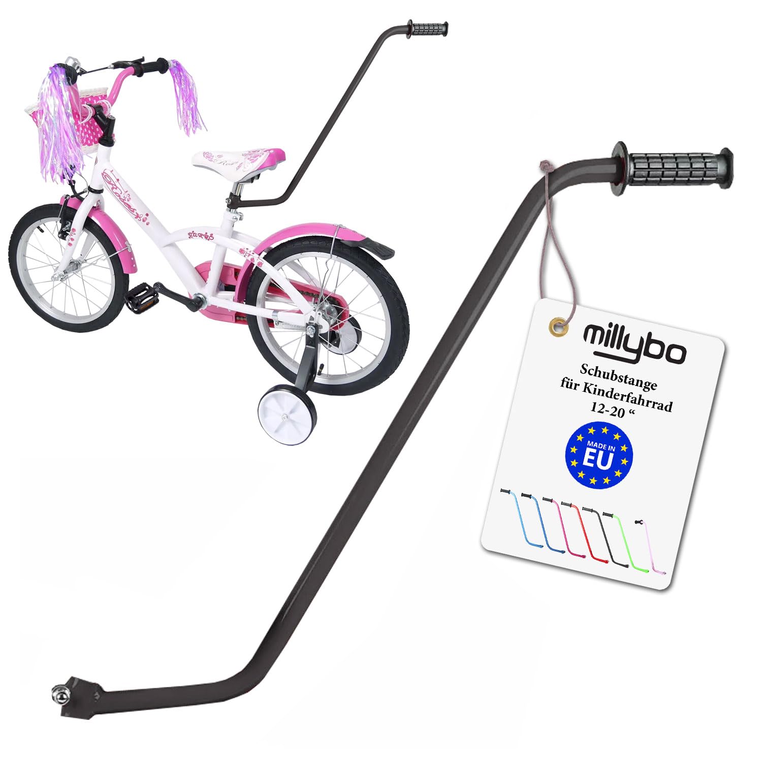 millybo UNIVERSELLE Schubstange für Kinderfahrrad Schiebestange Lernhilfe (schwarz) Sport & Freizeit