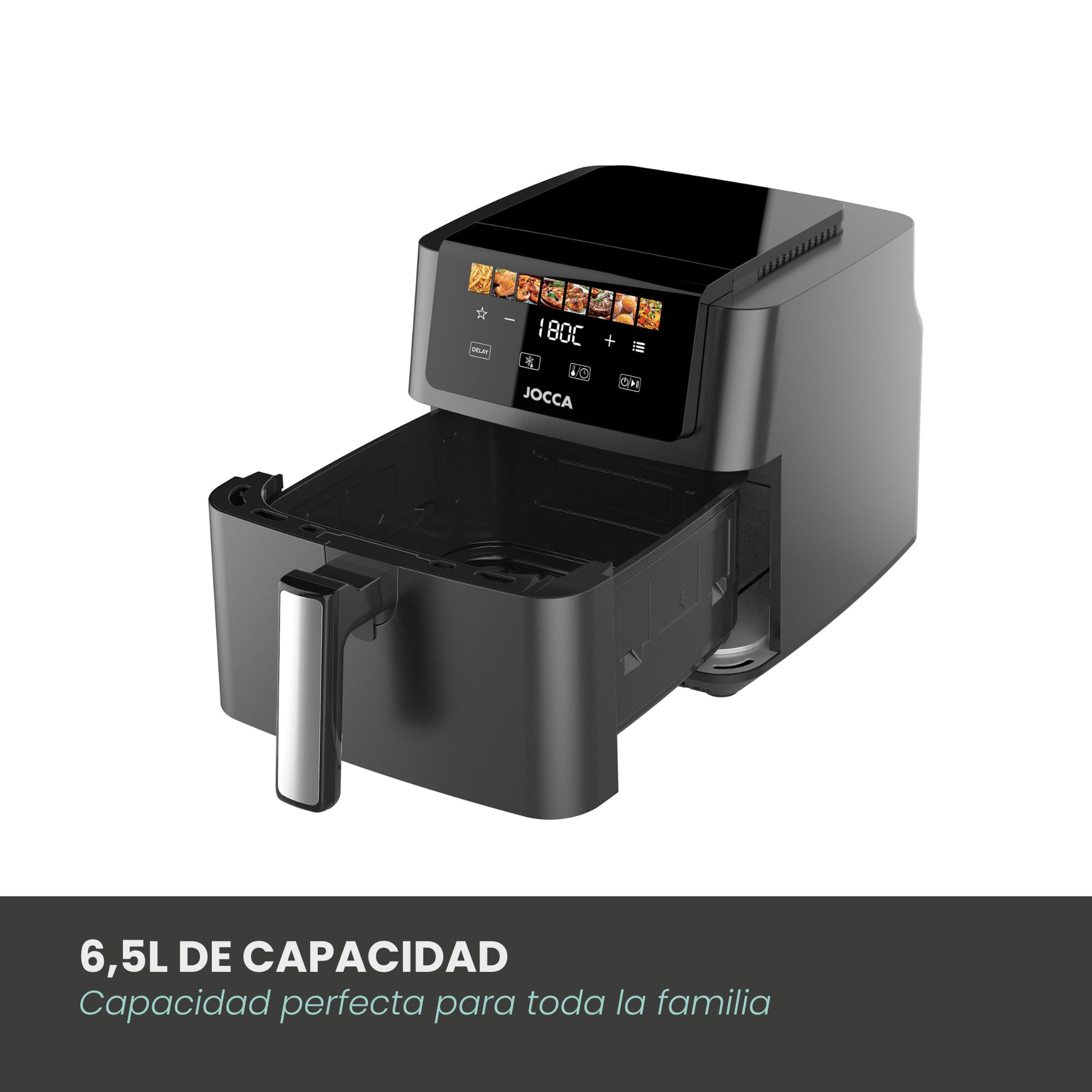 JOCCA - Freidora de Aire 6.5L 1700W con Pantalla Táctil, 8 Programas, Control de Temperatura 40-200°C, Air Fryer sin Aceite, Cavidad Metálica, Mango Desmontable, Negro