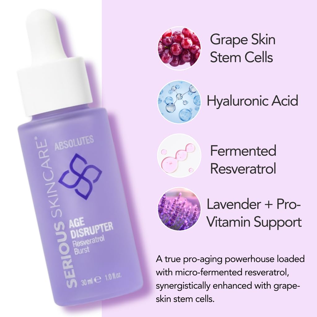 Serious Skincare Absolutes Age Disrupter Facial Treatment Serum with Resveratrol for Smooth & Radiant Skin - Grape Skin Stem Cells - Improve Elasticity - 1 oz.