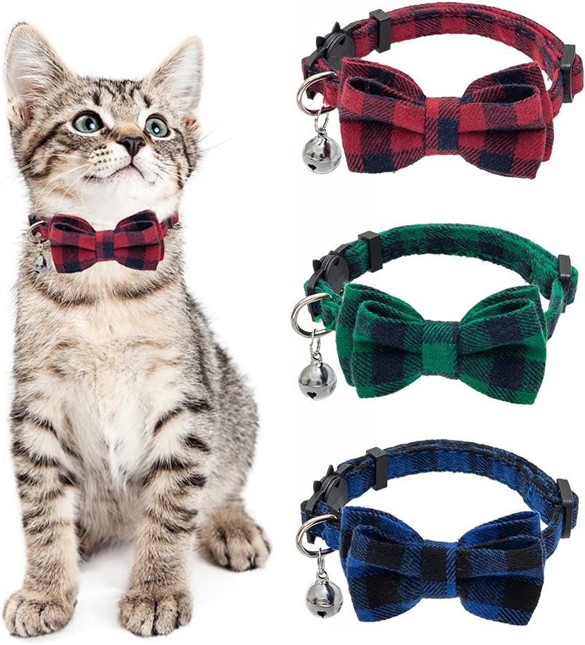PAWCHIE Cute Breakaway Bowtie Cat Collar -3 Pack Adjustable Plaid Safety Buckle Collar with Bell for Kitten and Some Small Dog