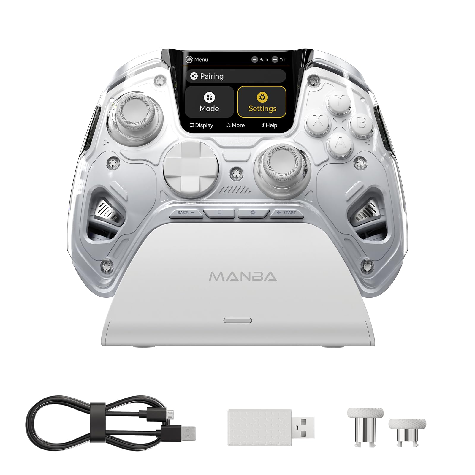 MANBA One V2 Controller Da Gioco Wireless Con Schermo Interattivo (Bianco) | Compatibile Con PC/Switch/iOS/Android, Stick E Grilletti Hall Effect, LED, Pulsanti Macro, Batteria 1800mAh, Base Di Ricarica