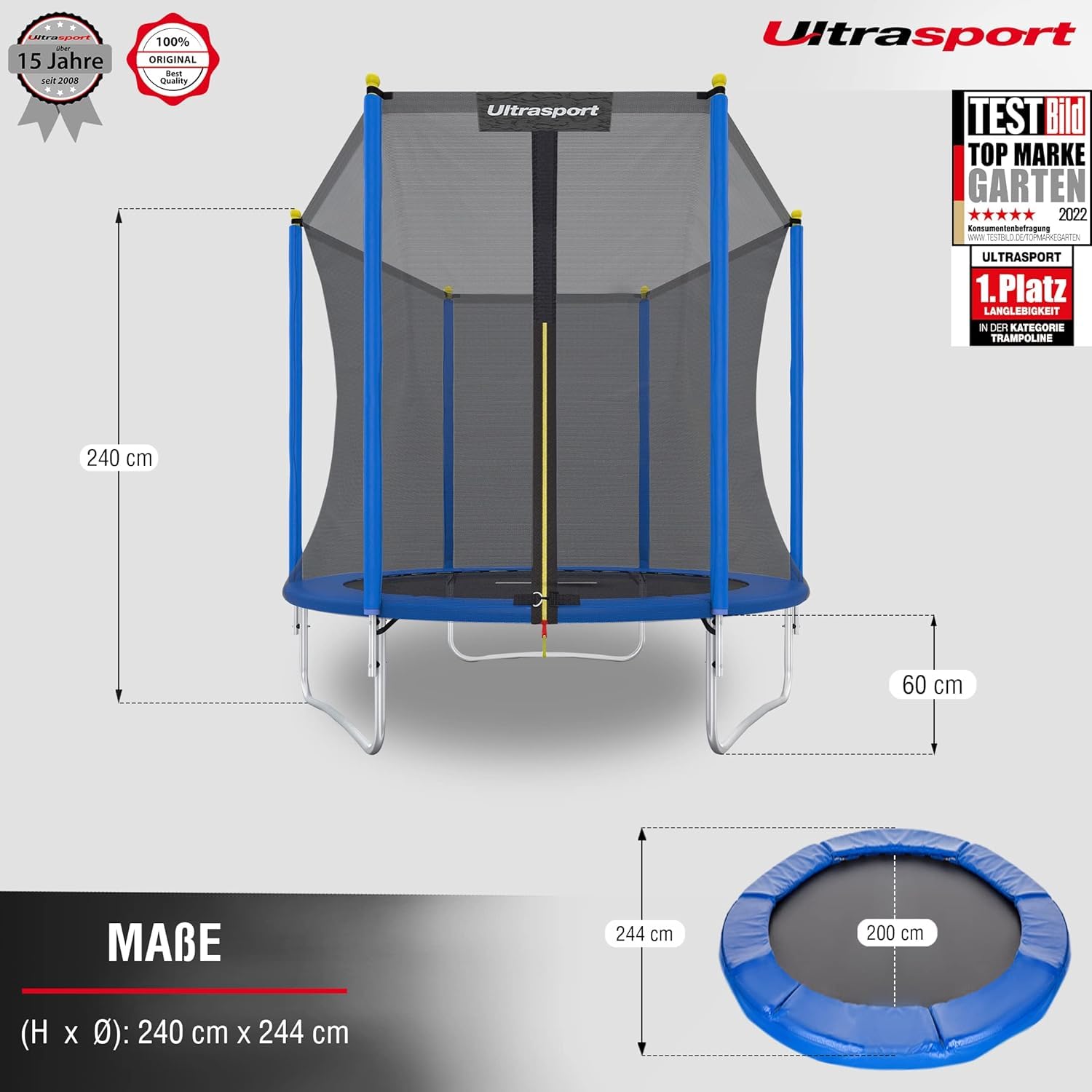 Ultrasport Uni-Jump Trampolin Outdoor Kinder Belastbar bis 150 KG I Komplettset mit Sicherheitsnetz, Randabdeckung & Motagesatz I Bodentrampolin Gartentrampolin, Trampolin 460 cm