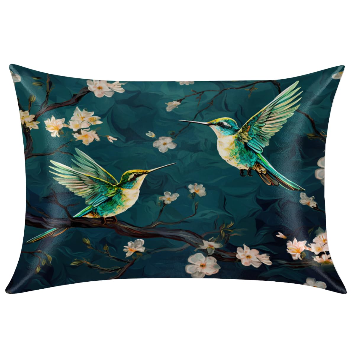 Satin Silk Pillowcase for Hair and Skin Painting Flower Bird Pillow Cases Standard Size Turquoise Soft Silk Pillow Case with Hidden Zipper Print Satin