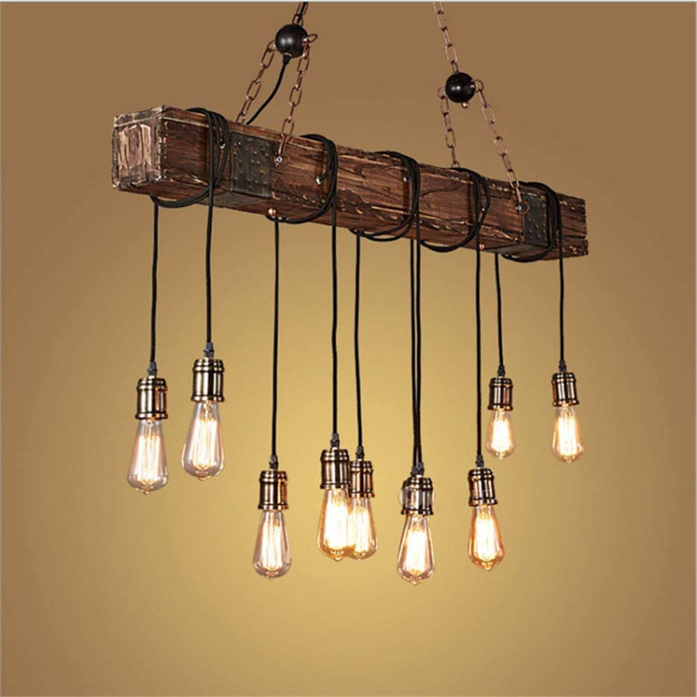 Retro Holz Pendelleuchte Industriell – Höhenverstellbar Kronleuchter Für Wohnzimmer, Küche, Bar (E27, 10-fach)