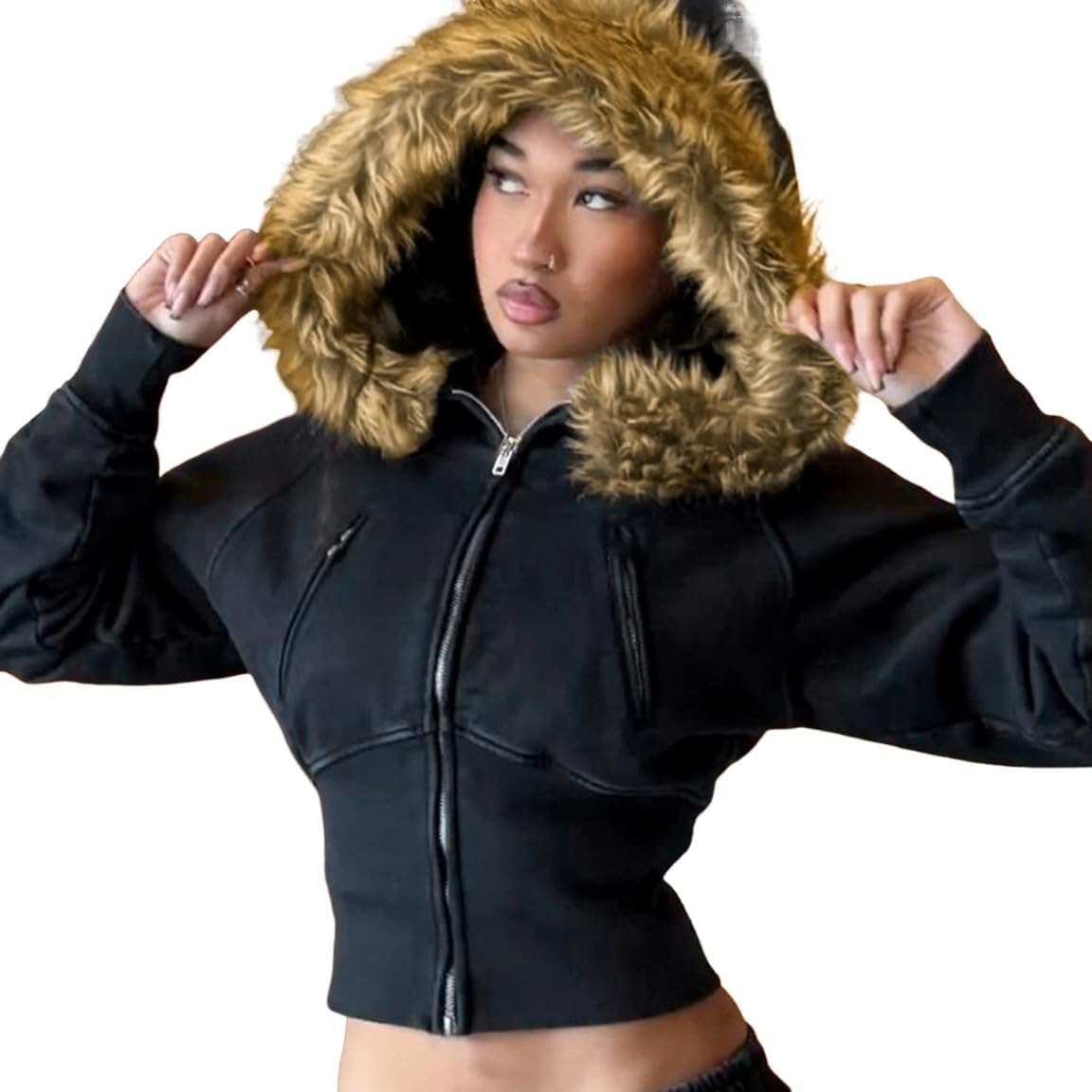 Apvirdy Cropped Zip Up Hoodie Women Long Sleeve Faux Fur Coat Y2K Jacket Grunge Tops Sweatshirt Clothes for Teen Girls