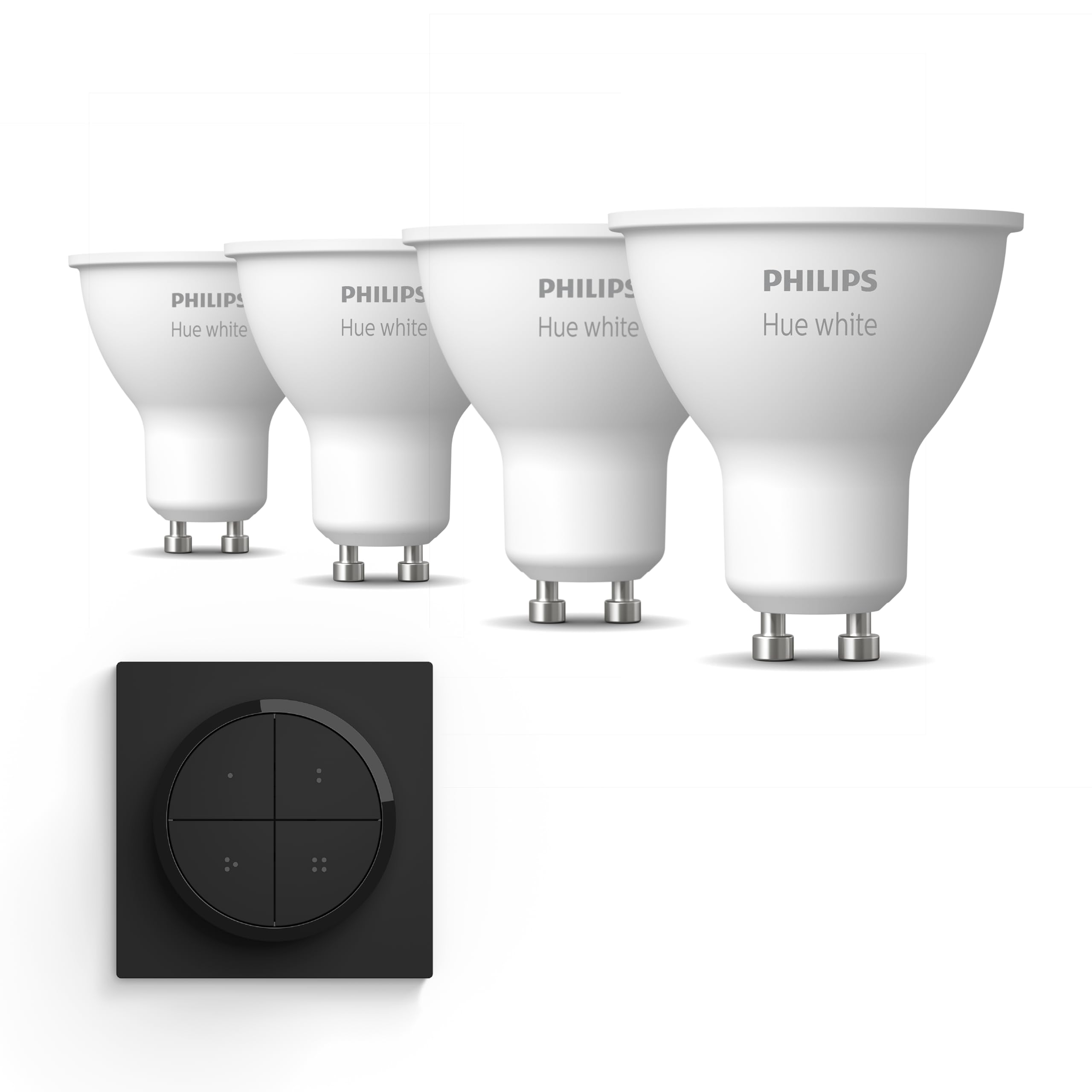Philips Hue Paquete ventaja - GU10 - con 4 focos LED - Luz blanca cálida - Incluye Hue Interruptor rotativo (Negro) - Hue White