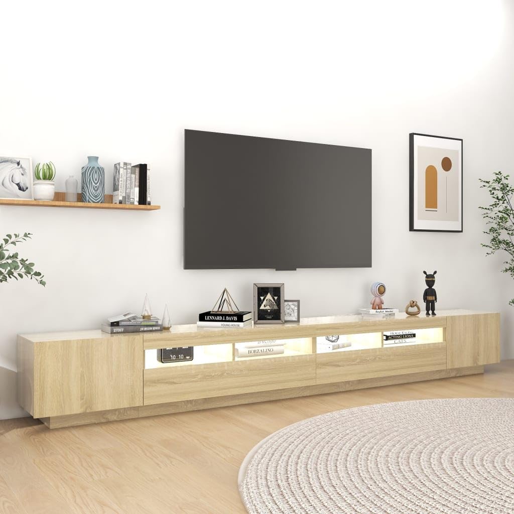 Szafka pod telewizor dąb Sonoma 300 x 35 x 40 cm, wytrzymała szafka pod telewizor z oświetleniem RGB LED, konsola medialna do salonu, nowoczesna, uniwersalna podstawka pod telewizor