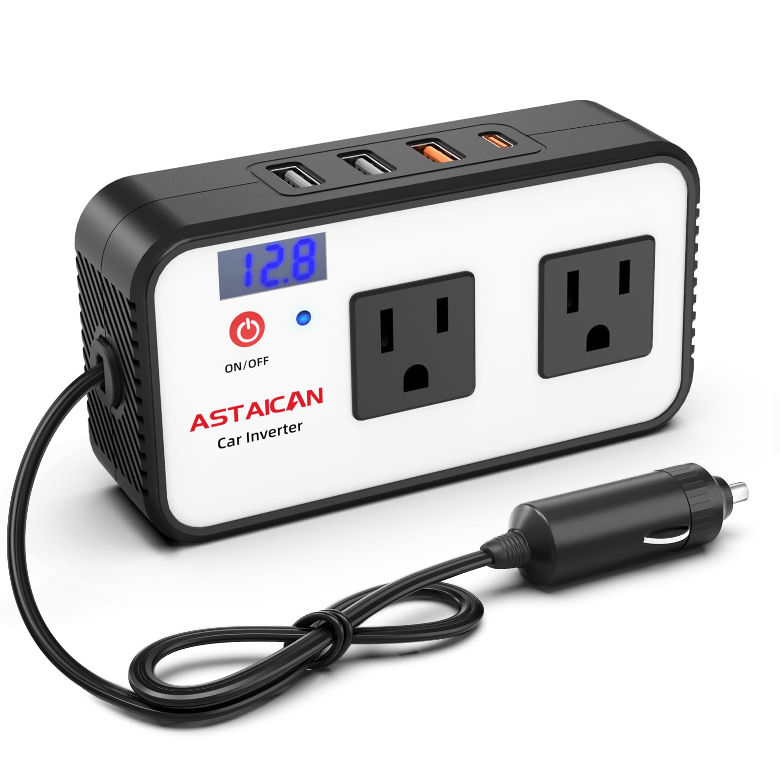 Astaican 200W Car Power Inverter, DC 12V to 110V AC Car Plug Adapter with 20W USB-C & 18W USB-A Dual AC Outlet, PD/QC Fast Car Charger for Laptop,