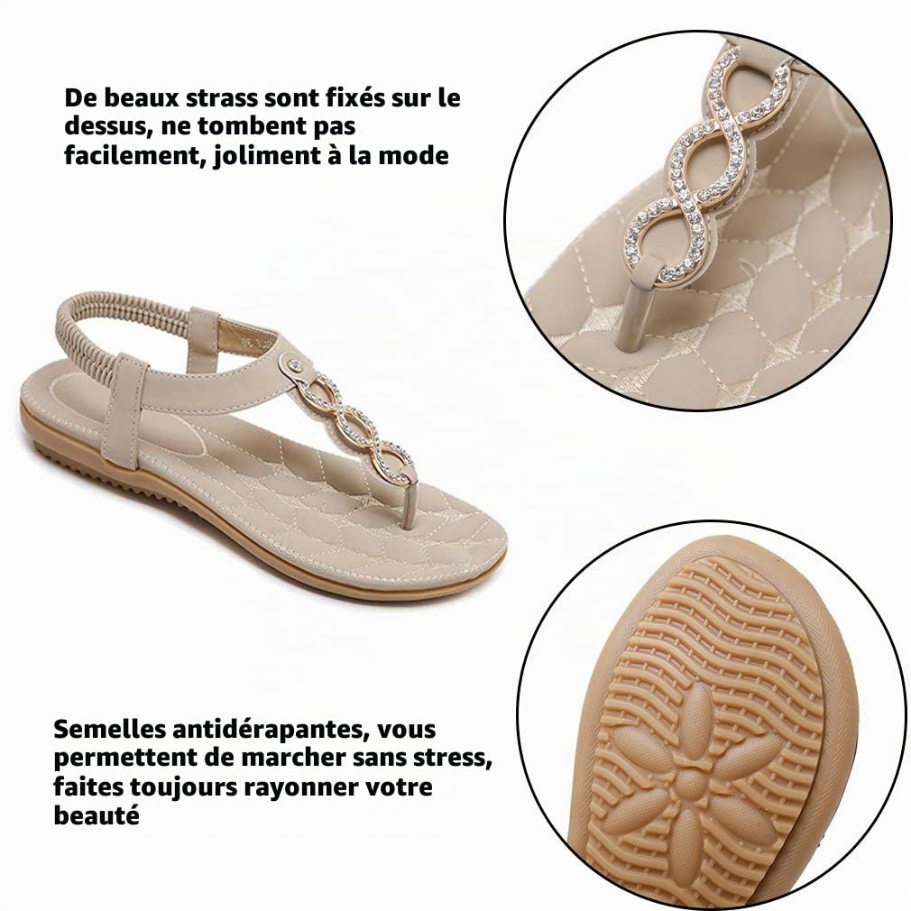 Femmes Sandales Plates Été Casual T-Strap Strass Bohème Fleur Glisser sur Les Chaussures Tongs de Plage Vacances