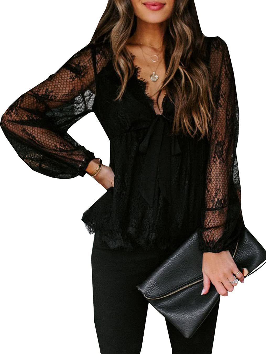 guyueqiqinWomen Lace Crochet Long Sleeve V Neck Tops Casual Solid Color Tie Knot Shirt Blouse