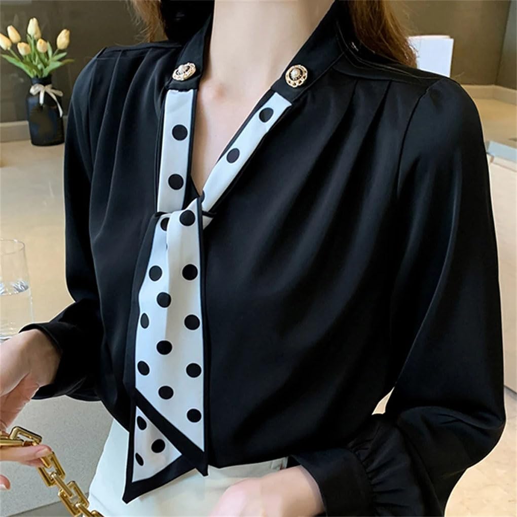 Camicetta da donna bianca con scollo a V, a maniche lunghe, in chiffon, per lavoro, ufficio, lavoro