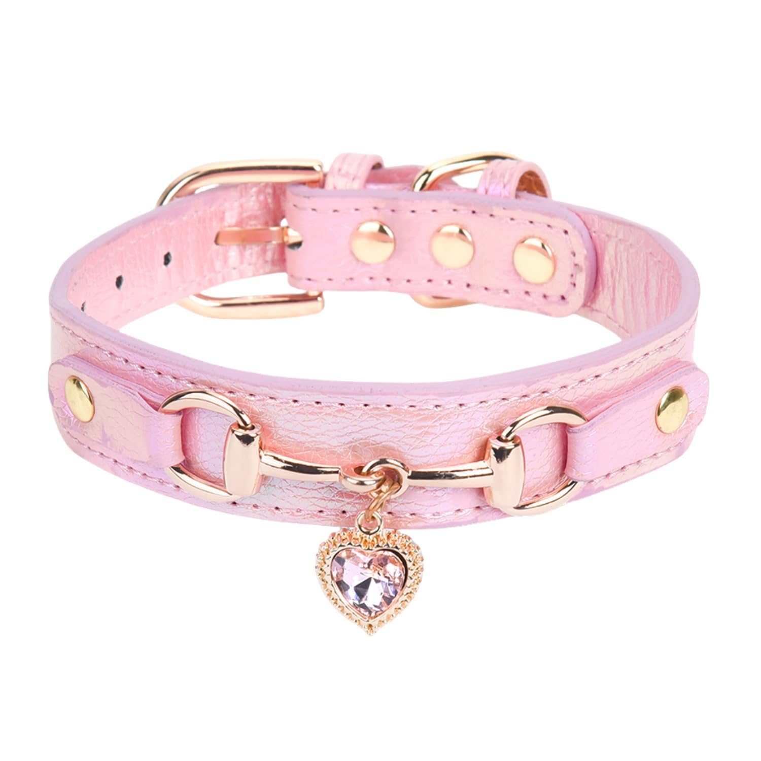 THAIN Fashion Dog Collar with Bling Diamonds & Heart Charm – 5 Holes Adjustable PU Leather Rhinestones Necklace Collar, Gold Buckle for Small Dogs Girl (Pink, XS)