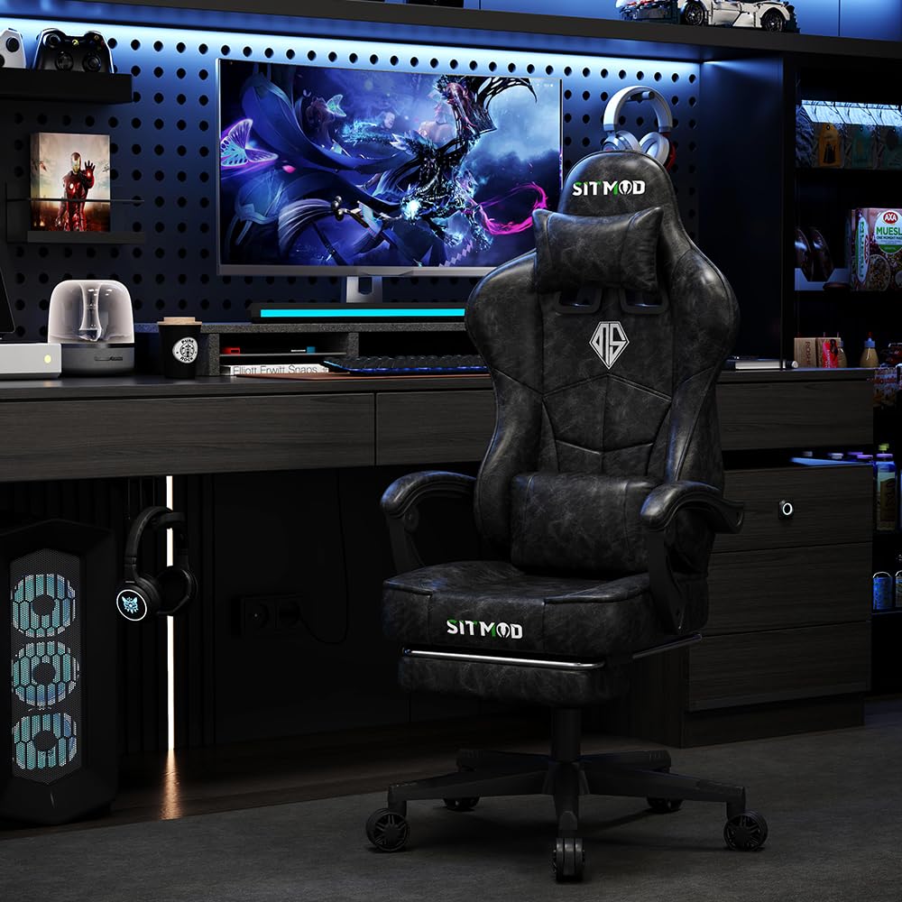 Sedie Gaming, Sedia da Ufficio Ergonomica, Poltrona Altezza Regolabile, Sedia da gioco con poggiatesta e supporto lombare sedia per PC, con poggiapiedi, in pelle PU, girevole a 360 gradi-NERO 