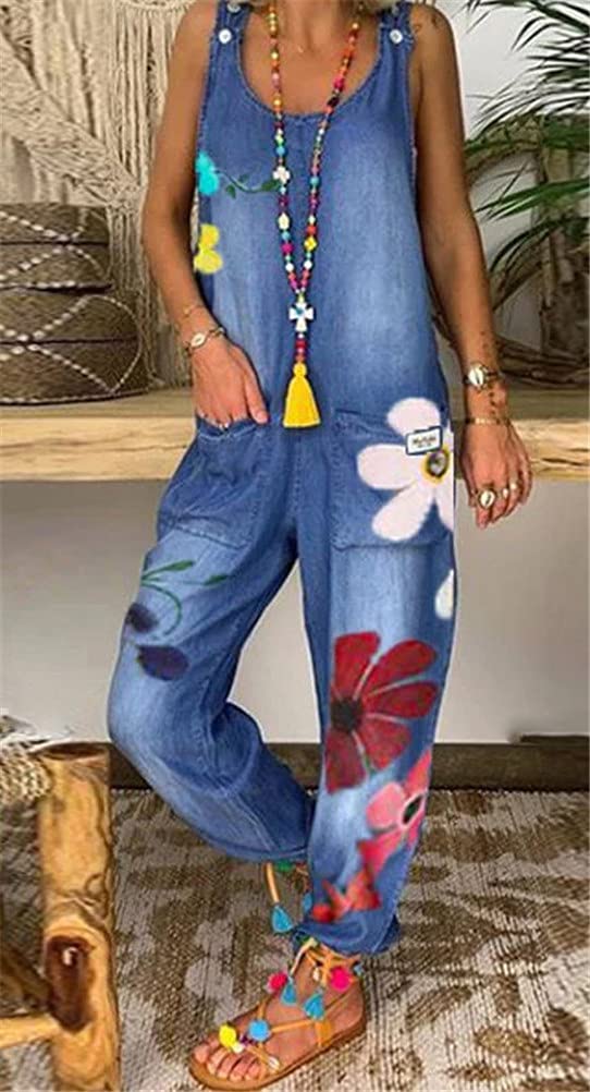 ORANDESIGNE Salopette Larghe da Donna Senza Maniche Boho Tuta Bretelle Pantaloni Estivi a Fiori retrò Salopette in Denim Pantaloni Lunghi a Gamba Larga Pantaloni con Bretelle