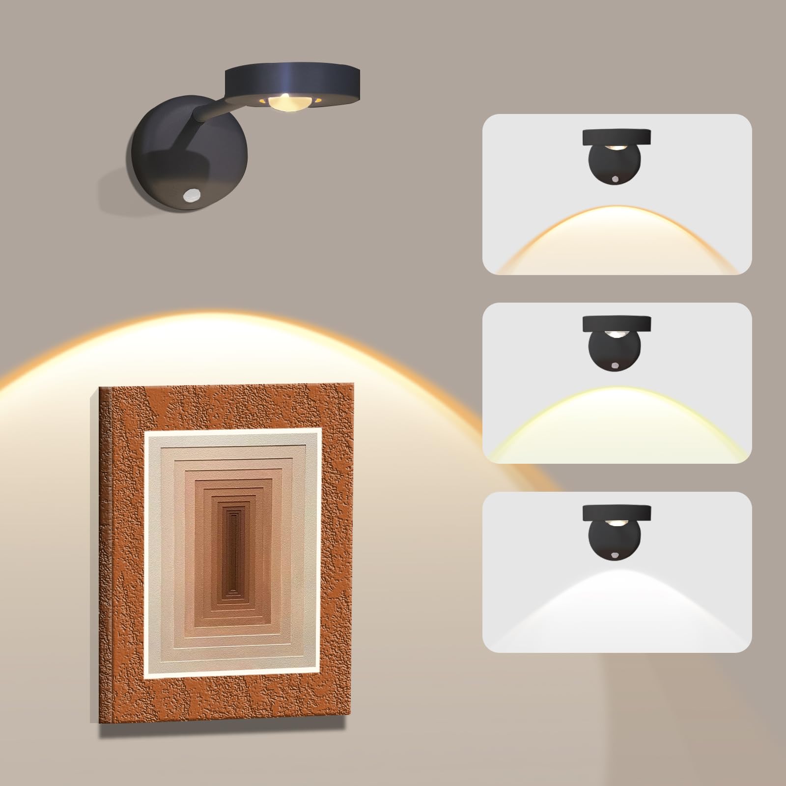 Battery Operated Picture Light for Wall, 360° Rotation Motion Sensor LED Picture Lighting USB Dimmable Rechargeable Painting Poster Lights for Display Gallery Artwork (Black)