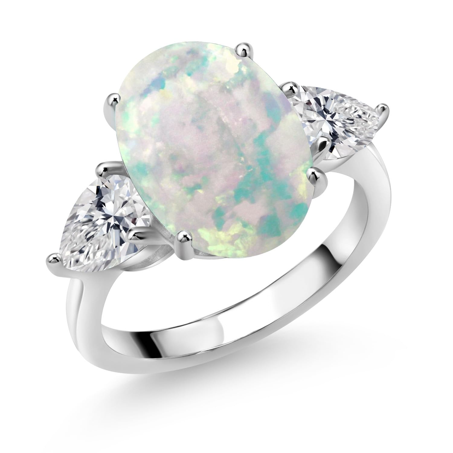 Gem Stone King 925 Sterling Silver White Opal and Lab Grown Diamond Engagement Ring For Women | 5.54 Cttw | Oval Cabochon 14X10MM | Gemstone October