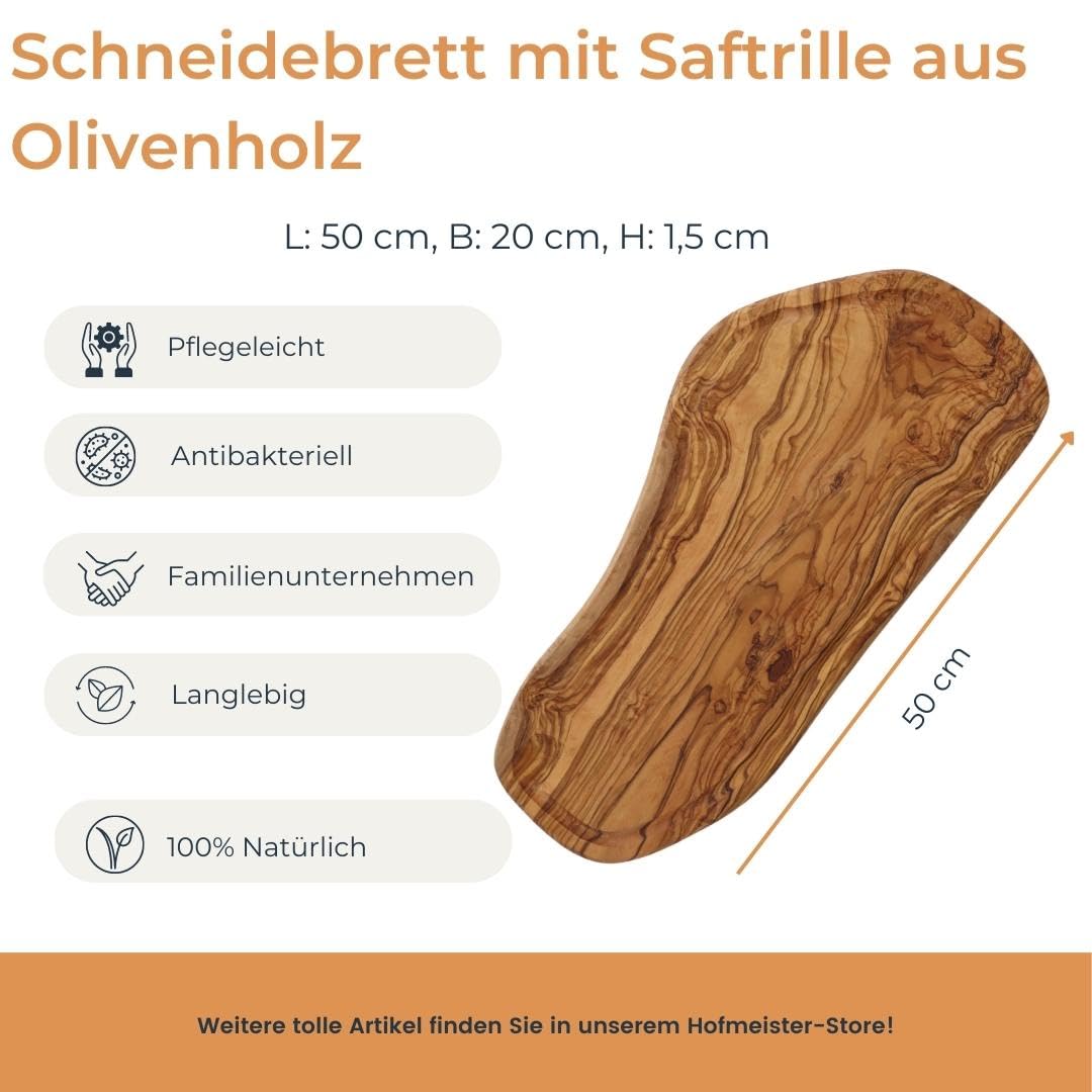 HOFMEISTER® Schneidebrett mit Saftrille, aus Olivenholz, 50 x 20 x 1,5 cm