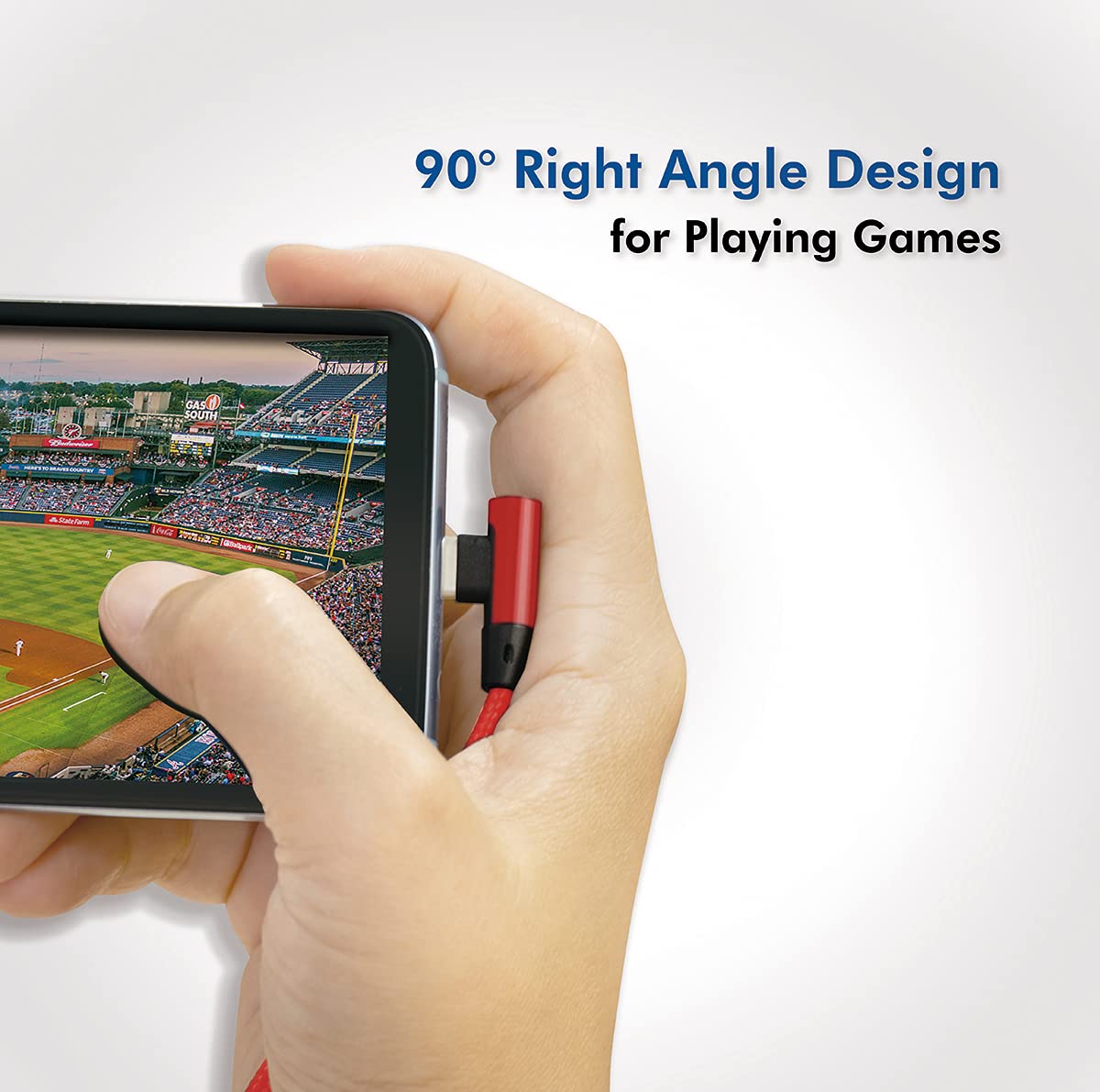 Hand holding a smartphone with the angled LogiLink cable connected, showing comfortable grip for gaming