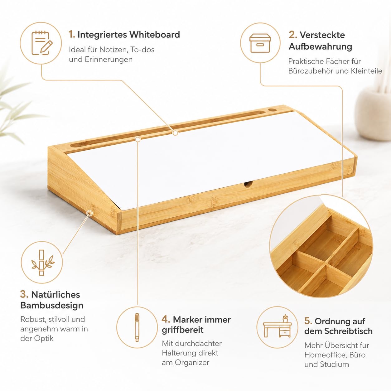 Organizador de escritorio de bambú con pizarra blanca, 45 x 18 x 6 cm, varios compartimentos, tapa para notas, oficina en casa