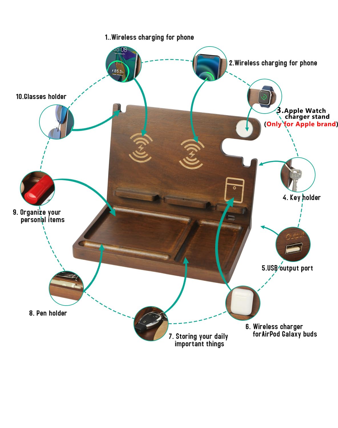 Wood Wireless Charging Station for Multiple Devices,27W Nightstand Organizer Charger Fast Charging for iPhone,Apple Watch,AirPods,2 Phone and Watch Docking Station,Birthday, for Men
