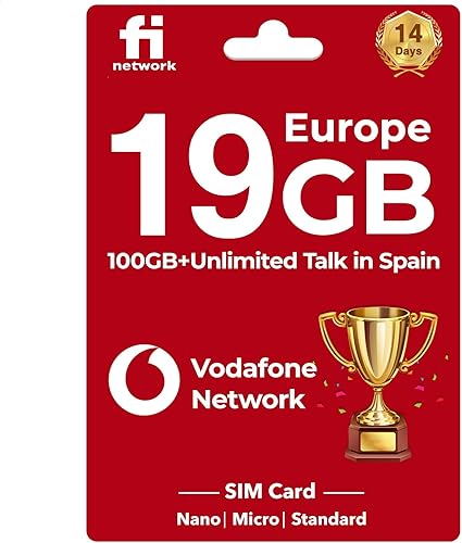 Vodafone Network Europe Sim Card - 19 GB en 4GLTE en Reino Unido y Europa, 100 GB y llamadas ilimitadas en España - Tarjeta SIM Europa con datos de