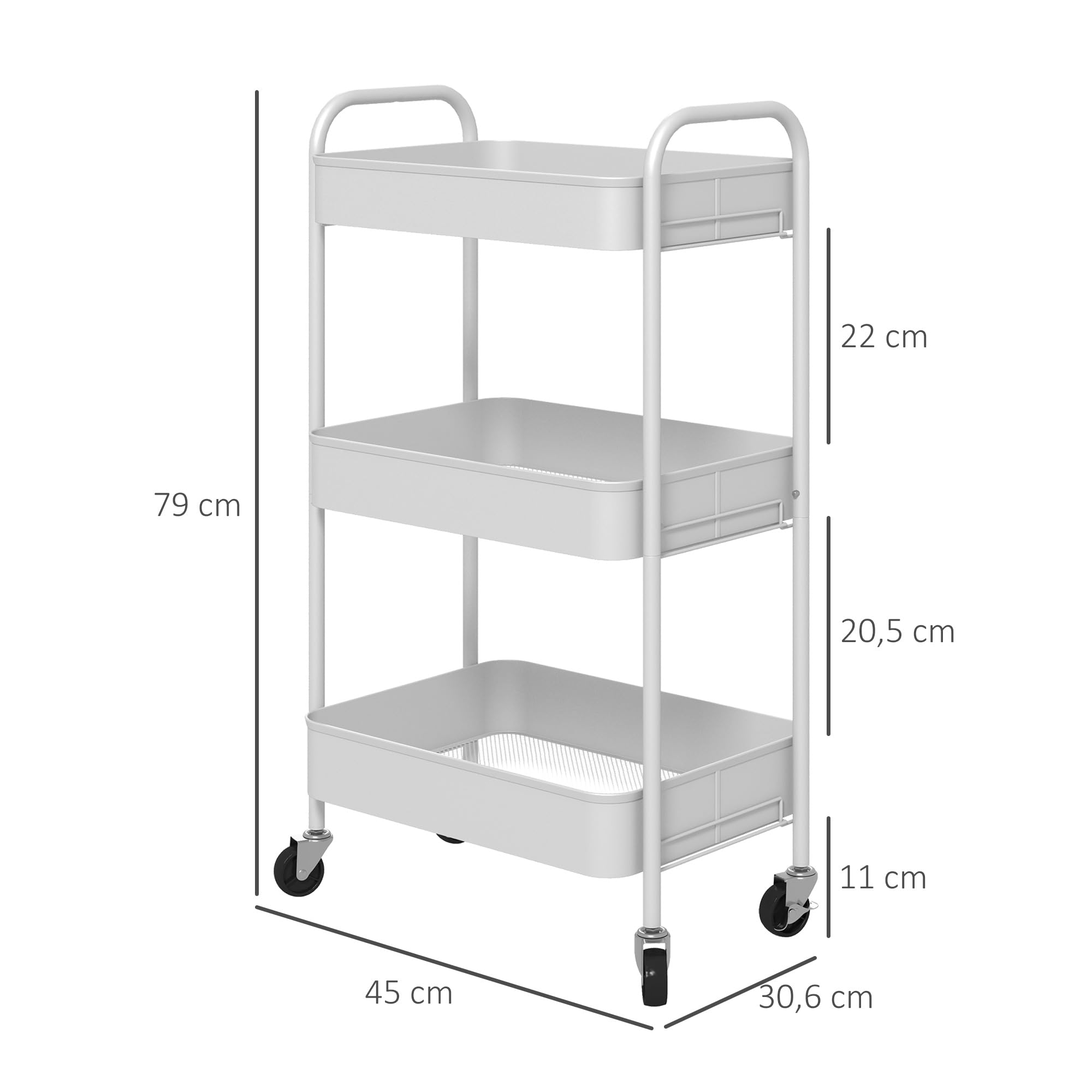 HOMCOM Chariot de Rangement en Acier 3 Niveaux Plateaux ajourés 45 x 30,6 x 79 cm Blanc
