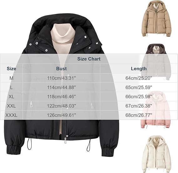 Womens Puffer Jacket Winter Warm Coats Hooded Quilted Crop Jackets