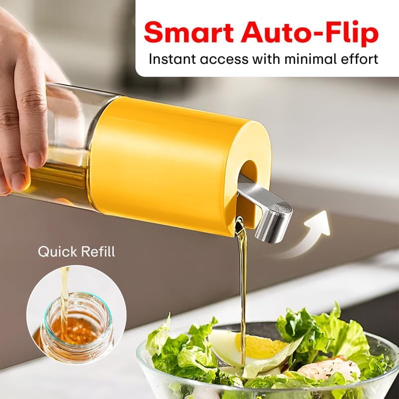 Image of PRIME PICK Smart Pour Glass Oil Dispenser Bottle Auto Flip Cap Stainless Steel No Drip Spout Leak Proof Kitchen Oil Vinegar Soy Sauce Storage Container Yellow 500 ml