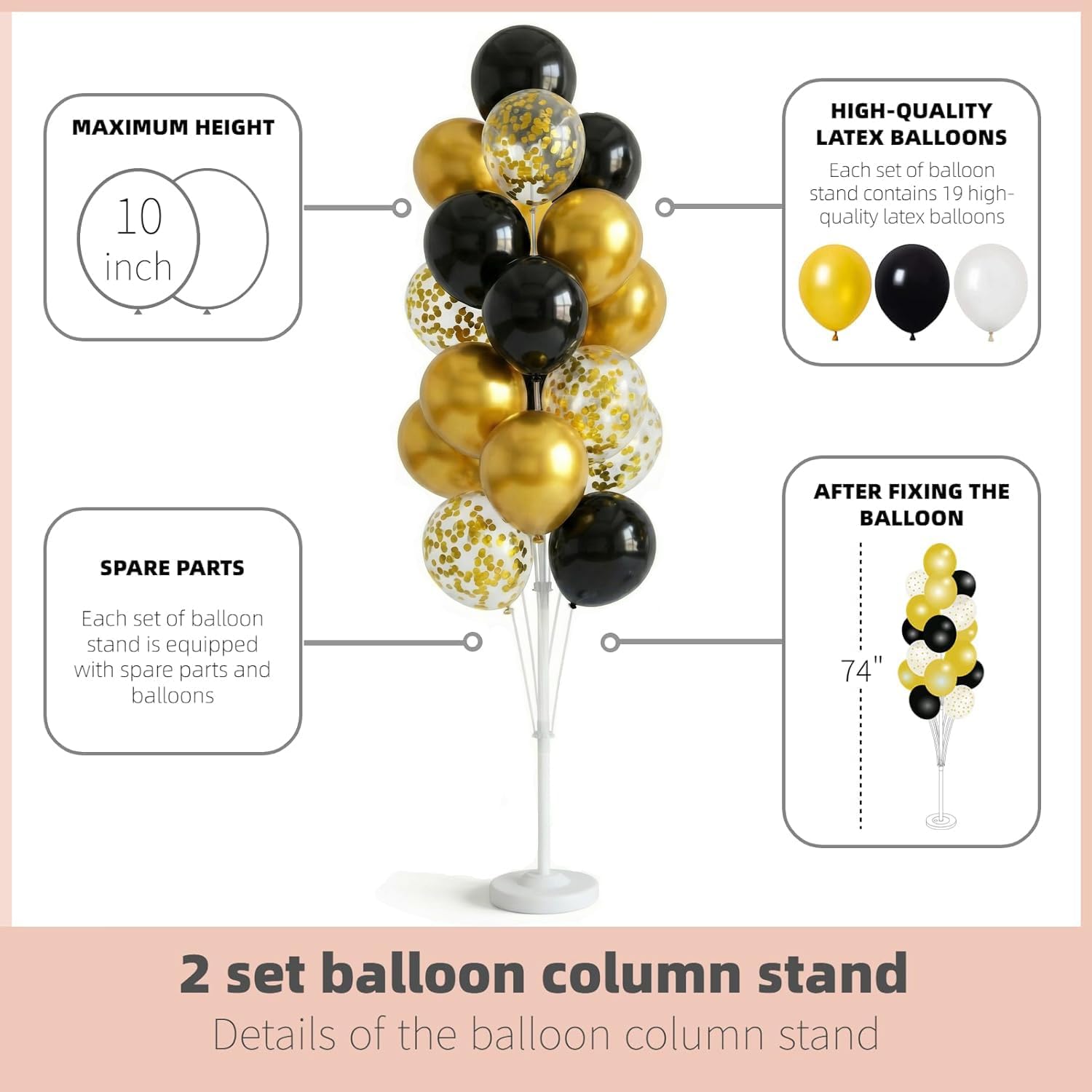 Balloon Column Kit Set of 2 With Confetti Balloons Included - with Base, and Pole,Balloon Tower Backdrop Decoration for Wedding, Baby Shower, Birthday Party, or Bachelorette Parties (Black Gold)