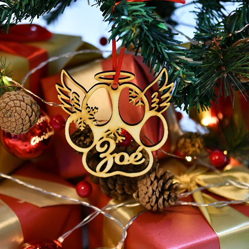 WEIYOUDP Personalisierte Hunde- und Katzenpfoten-Ornament aus Holz, für Weihnachtsbaum, Hundepfotenabdruck, personalisierbar (Engelsflügel)