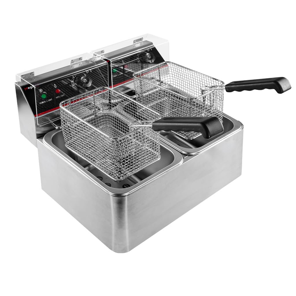 Mega-M Gastro-Fritteuse Elektro Zweikammer 2x4l 2x2kW, einstellbar mit Deckel, 45x40x30cm, Edelstahl inox, 230V (2 Fächer / 2x4L)