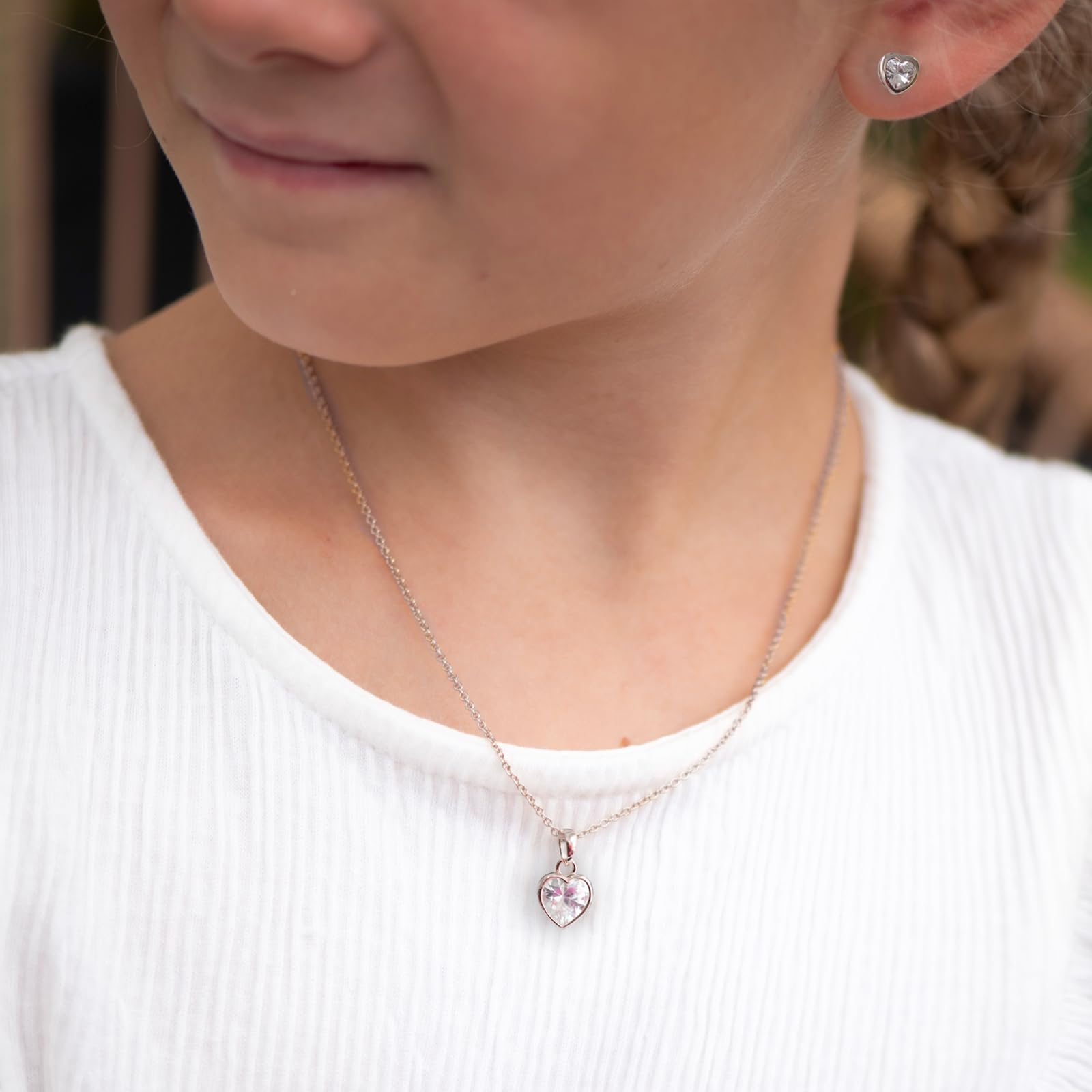 Schmuckset Mädchen Herz Silber 925 und Gold / Rosegold vergoldet, Herzkette | Kette Halskette Herzanhänger Ohrringe Ohrstecker Kinder, Kinderschmuck Schmuck Set Geschenk Einschulung Geburtstag