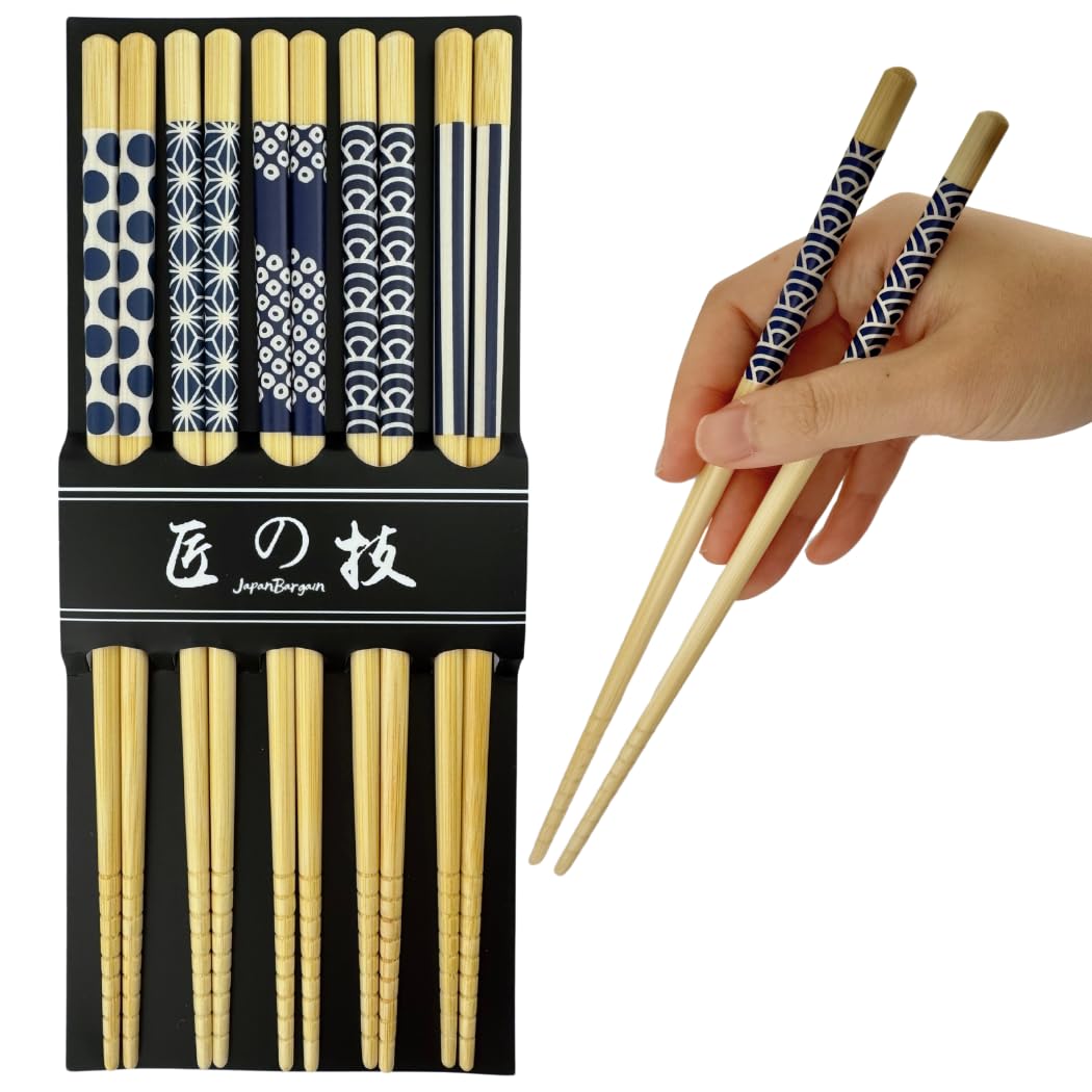 Japanese Wooden Chopsticks Set – 5 Pairs Reusable Non-Slip – Gift Box – Multicolor – Hand Wash Only